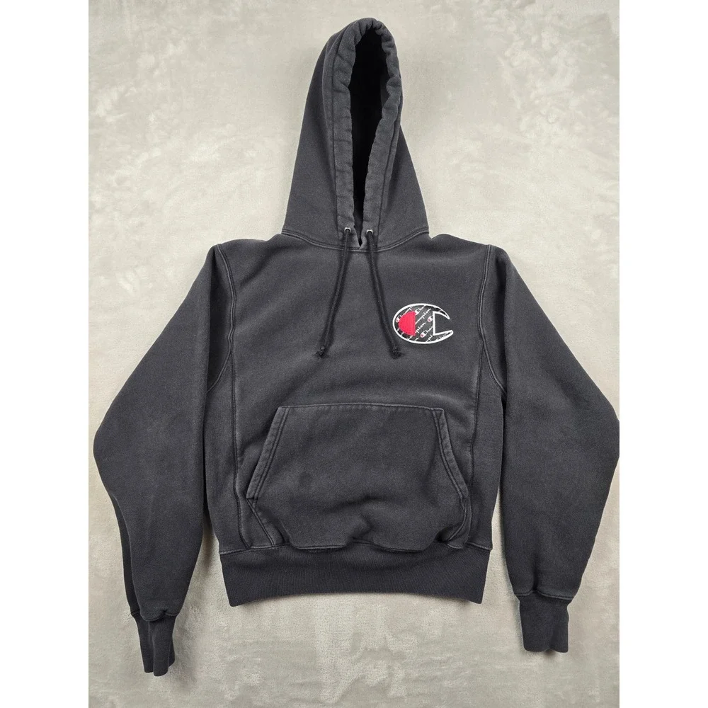 Champion Reverse‎ Weave Hoodie Womens Small Black Logo Pullover Sweatshirt Heavy
